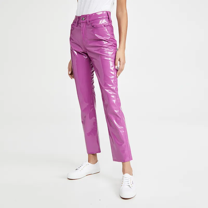 ファッションカラーレディースハイウエストレザーPuプレーンロングレングスパンツクラブ光沢のあるズボン