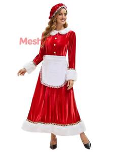 Costume de Père Noël pour femme adulte, ensemble de tenue de femme de ménage de Noël en polyester, costume de fête avec tablier et accessoires - Product Image 4