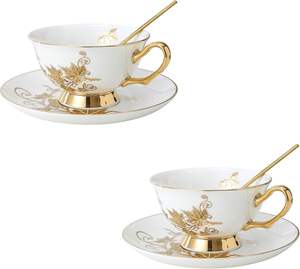 Ensemble de 6 tasses et soucoupes à thé et café en porcelaine plaquée or, style moderne et luxueux, écologiques, compatibles micro-ondes, idéal pour les cadeaux d'affaires - Product Image 1