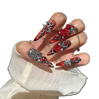 Off-Fire Faux ongles à presser entièrement faits à la main, Nail Art foncé, Style français, Artisanat de haute qualité, Effet sang versé sur les doigts, Photos réelles