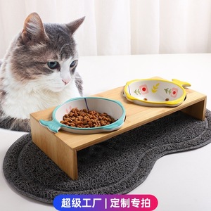 Pet Bowls Elevated Double <b>Feeder</b> For <b>Cat</b> With Strawberry Design Bamboo Stand And Mat - Product Image 5