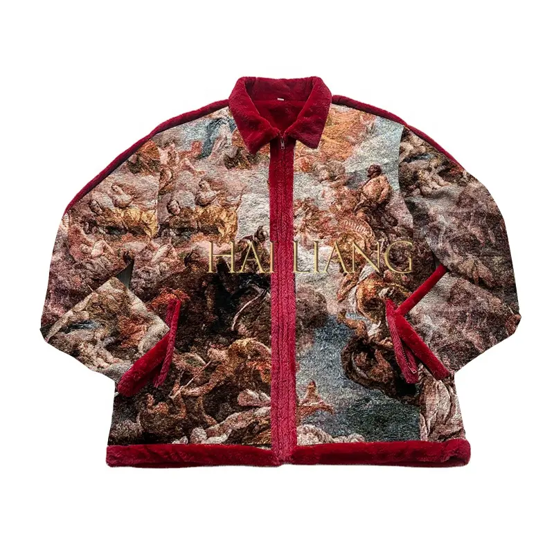 2022 New Custom Tapestry Jacket Puffy Red Faux Leather Winter Jacket With Fur Plus Size Men's Jacquard Coats Fleece Jackets Men