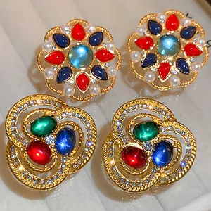 Silver Needle Medieval Diamonds Flower Earrings Colorful Retro Earrings Advanced Temperament Design Earrings Wholesale Girl