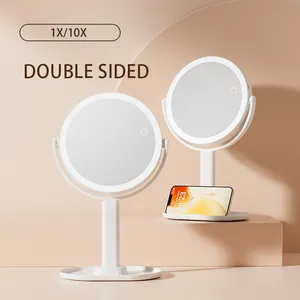 Miroir de maquillage de salle de bain grossissant double face avec rotation de 360 degrés 1X/10X avec lumière