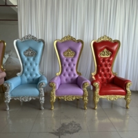 Chaise Trône de Luxe Bleu Ciel avec Couronne Argentée, Dossier Haut, Sculptée à l'Occidentale, pour Mariages et Événements, Fabrication Personnalisée