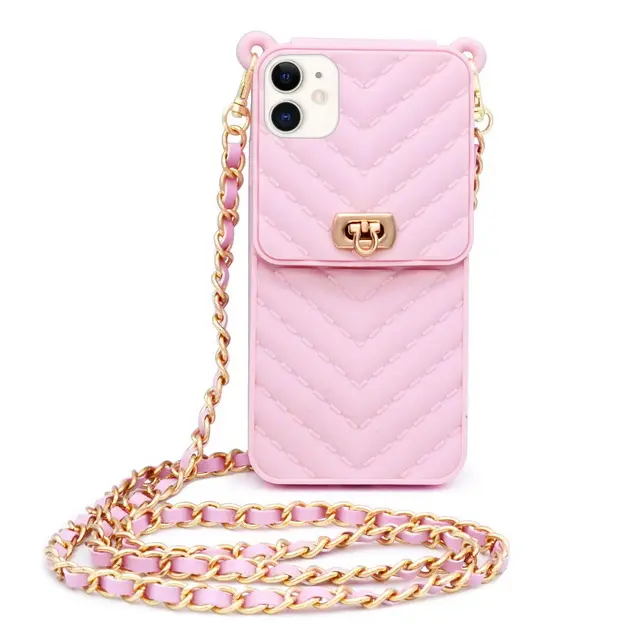 Lady Lanyard Flip Silica gel Crossbody Phone Case Wallet Pink Mobile Case For Iphone Coin Purse With Chain Strap