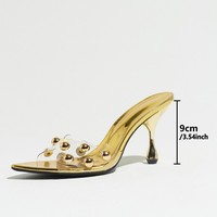 Sandales à talons hauts pour femmes, en or, à bout ouvert, à enfiler, en PU, avec détails de rivets transparents, sexy, pour les soirées d'été