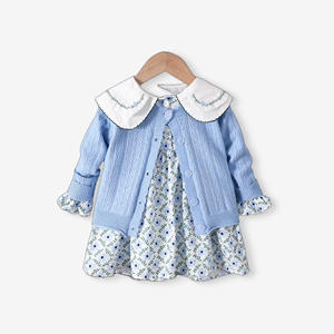 ชุด2ชิ้นเสื้อสเวตเตอร์ถักสำหรับเด็กผู้หญิง,ชุดเดรสแฟชั่นคาร์ดิแกนลายดอกไม้สำหรับฤดูใบไม้ร่วง - Product Image 1