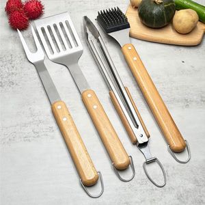 Juego de 4 utensilios para asar de madera de acacia con mango de madera y acero inoxidable, accesorios para parrilla, accesorios para exteriores, herramientas para barbacoa - Product Image 2