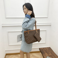 Fashion tas tote kulit PU wanita pola kotak-kotak, tas tangan kapasitas besar, tahan air, set 2 buah