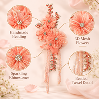 Applique florale 3D en maille perlée faite à la main avec strass et pompon pour vestes, robes, Qipao, robes de mariée, décoration de couture DIY