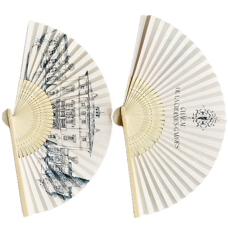 New Arrival High Quality Personalized abanicos de mano Printed Logo Double Sided Paper Bamboo Folding Fan