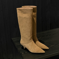 Bottes mi-mollet élégantes en daim de vache haut de gamme, style coréen, super douces, rehaussantes, à enfiler, pour femme, collection 2026