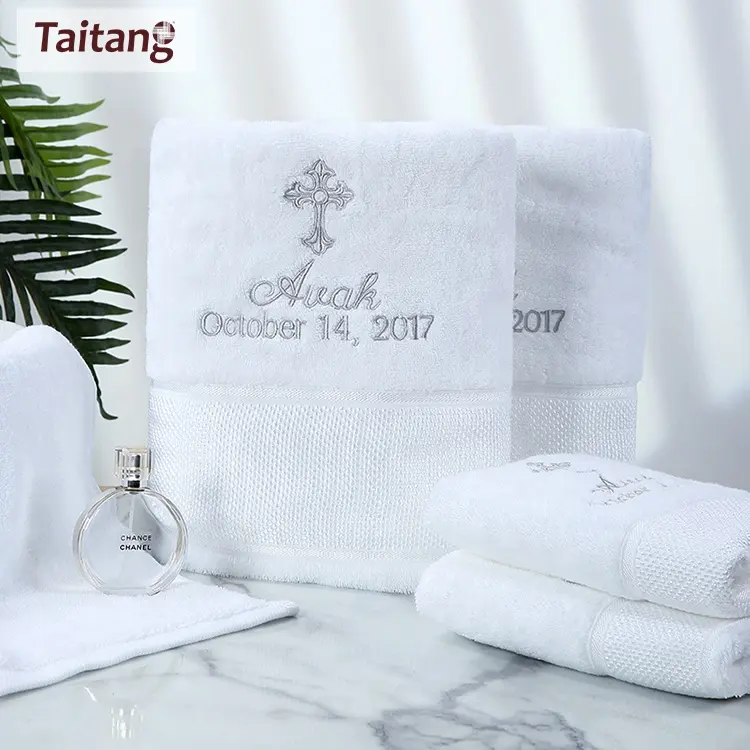 Asciugamano personalizzato in lino per Hotel Taitang all'ingrosso Logo ricamato asciugamano da bagno in cotone bianco 70 140