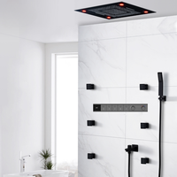 Ensemble de robinetterie de douche LED noir mat de luxe à montage mural, avec 5 poignées, pommeau de pluie, 6 jets latéraux, mitigeur thermostatique numérique et jets de massage doux