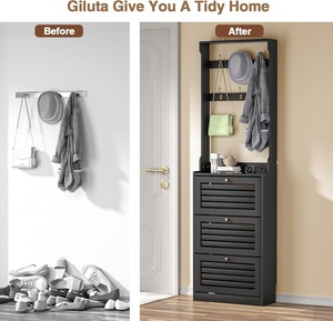 靴キャビネットトオールナローブラックウッドコートラック3フリップ靴引き出し付き6コートフックスペース節約 - Product Image 4