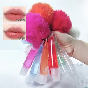 Private Label veganen Pompon klar gefärbten glänzenden Lip gloss hochwertige transparente flüssige Lip gloss Gel Charms mit Schlüssel bund