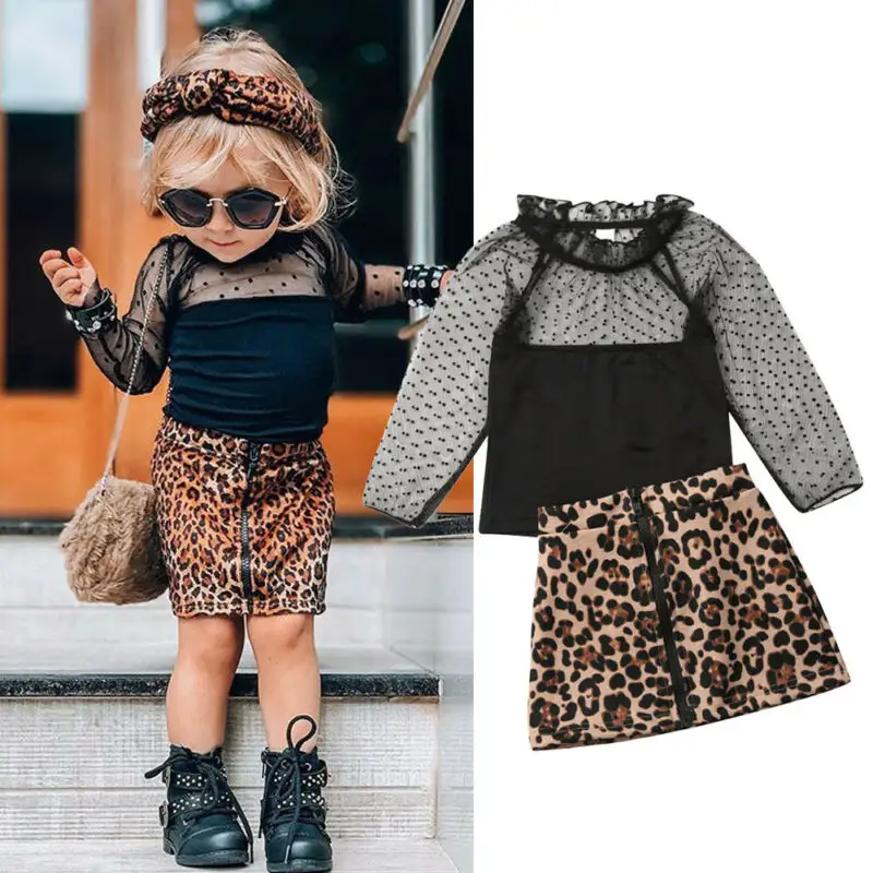 Ropa con estampado de leopardo para niña pequeña, Tops de encaje con volantes, camiseta, falda, chándal, 2 a 6 años