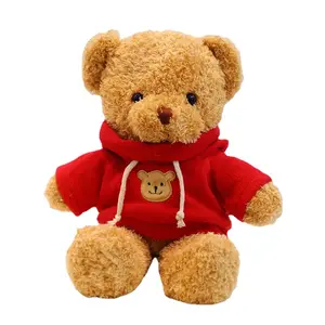 Personalizzare il produttore graziosi capelli ricci marrone chiaro orsacchiotto peluche giocattolo con cappuccio rosso
