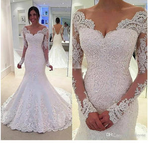 <span class=keywords><strong>Robe</strong></span> <span class=keywords><strong>de</strong></span> <span class=keywords><strong>mariée</strong></span> sirène sexy à queue <span class=keywords><strong>de</strong></span> poisson, col en V, taille <span class=keywords><strong>mi</strong></span>-haute, manches longues, personnalisée S382A - Product Image 2