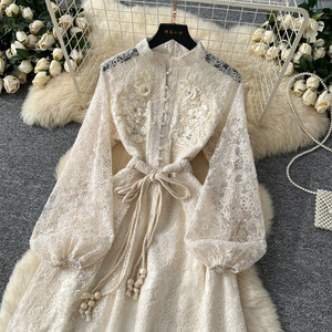 Elegante Abito in Chiffon con Ricami Floreali 3D e Vita Allacciata, Lussuoso Vestito da Sera Autunnale per Donna - Product Image 3