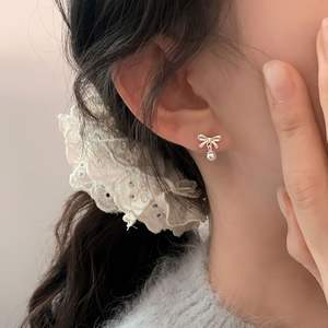 S925 Sterling Silver Frosted Matte Bow <b>Pearl</b> <b>Earrings</b> Sweet Exquisite and Compact High-End Design for Commuting - Product Image 5