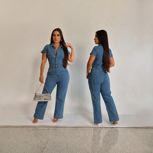 Combinaison en jean taille haute pour femme, tricotée, à manches courtes, col rabattu, longueur intégrale, couleur unie, respirante, style décontracté urbain - Product Image 3