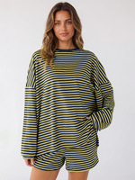 Ensemble deux pièces tendance pour femme : sweat-shirt ample à manches longues rayé et short assorti – Tenue décontractée pour la maison