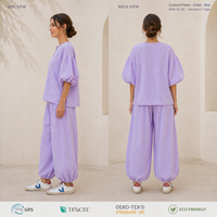 Ensemble deux pièces pour femmes en polycoton, haut à manches ballon, pantalon large, léger, décontracté, ensemble coordonné d'été, OEM