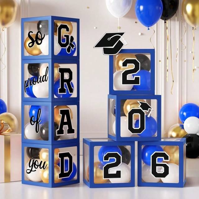 Balloon Boxes, Blue Gold Black Transparent Decor Boxes with Grad Cap & Letter Cards for 2026 Grad Party Ceremony Photo Backdrop