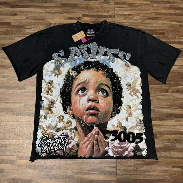High Quality Hip Hop Vintage Fashion Streetwear Custom Wholesale Mens Clothing Short Sleeve Gothic Print Saint Men Tshirts
