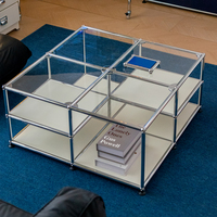 Table basse modulaire convertible minimaliste avec cadre chromé et plateau en verre trempé, rangement multi-niveaux pour salon et maison