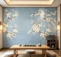 Wallpaper Mural Bunga Magnolia Putih dan Burung dengan Latar Belakang Biru Muda, Penutup Dinding Kustom untuk Ruang Tamu dan Kamar Tidur
