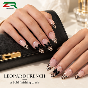 ZHAORONG Unghie Finte Leopardate French <span class=keywords><strong>Tip</strong></span> a Mandorla Lucide Rosa Nude con Fiocchi Neri 3D e Strass per Donna - Product Image 2