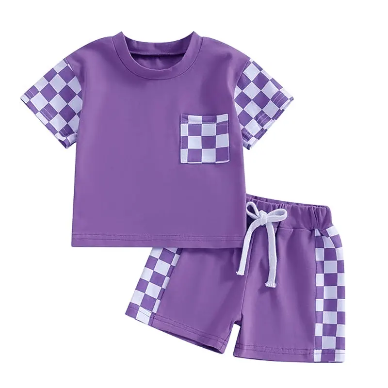 하이 퀄리티 트렌디 2 피스 체크 소매 티셔츠 세트 에너지 여름 세트 아동복 세트