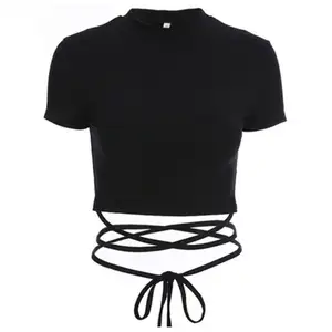 SHULIQI all'ingrosso estate girocollo crop top t-shirt slim fit lady pianura t-shirt in cotone nero per le donne