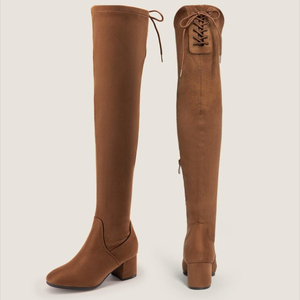 Botas altas hasta el muslo de alta calidad para mujer, botas gruesas de tacón alto por encima de <span class=keywords><strong>la</strong></span> rodilla, botas elásticas con punta redonda y cordones con cremallera lateral hasta <span class=keywords><strong>la</strong></span> rodilla - Product Image 1