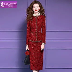 FMY Set Elegante con Paillettes Rosse per Donna, Autunno e Inverno, Stile Ricco e Nobile, Cappotto di Lana, Gonna Aderente, 67152 - Product Image 5