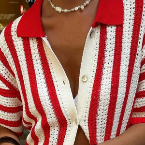 Haut tricoté pour femmes, rayures rouges et blanches, coupe ample, chemise à revers, vêtements décontractés printemps-été - Product Image 3