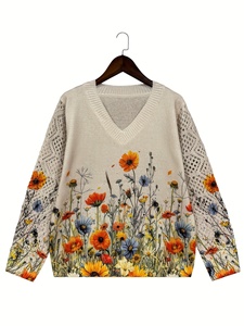 Maglione da Donna in Maglia Traspirante con Motivo Floreale Papavero, Collo a V, Inserti in Rete Pointelle, Top Patchwork, 100% Poliestere, Stampa Digitale Fiori Selvatici, Collezione Primavera 2026 - Product Image 4