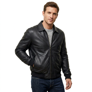Blouson aviateur en cuir véritable noir pour homme avec poignets en tricot côtelé - Blouson d'hiver écologique, respirant, coupe-vent et confortable - Product Image 1