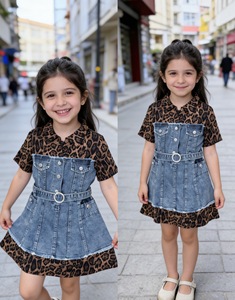 <span class=keywords><strong>Vestito</strong></span> Estivo per Bambine in Denim di Cotone con Stampa Leopardata, Stile Carino, Lunghezza al Ginocchio, Linea ad A con Volant - Product Image 2