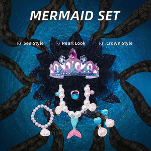 Neues 6-teiliges Meerjungfrau-Muschel-Perlen-Set mit Halskette, Armband, Ring und Haarkrone für kleine Mädchen, süßer Kinderschmuck - Product Image 2