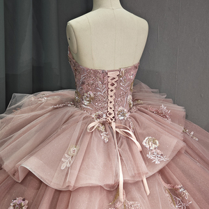 Robe de bal rose Quinceañera Dy6558, longueur ras du sol, décolleté cœur, en dentelle pailletée, ornée de perles florales, taille <span class=keywords><strong>empire</strong></span>, Jancember - Product Image 3