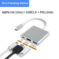 Station d'accueil USB-C 3-en-1 avec 3 ports 2.0 4K60Hz en alliage d'aluminium, garantie 12 mois - Pour ordinateur portable/téléphone/téléviseur - En stock
