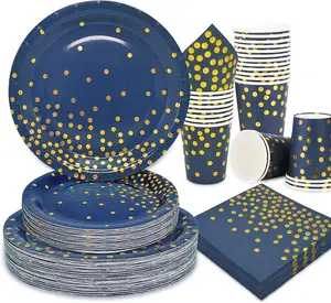 Тарелки для вечеринок синие бумажные тарелки в золотые точки темно-синие товары для вечеринок одноразовые бумажные тарелки для детского дня рождения