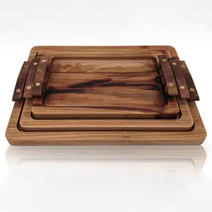 Wood Serving Ottoman Tray With Handles For Food Premium Hardwood Stackable Trays For Serving Food Decorative Wood Trays