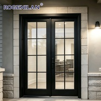 Puerta Francesa Arqueada de Doble Vidrio Personalizada Rogenilan, Puerta Exterior Doble de Aluminio con Acristalamiento Low-E y Rejillas