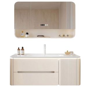 Gabinete de baño blanco de lujo con espejo inteligente, almacenamiento y lavabo blanco montado en la pared - Product Image 1