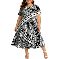 Gaun Midi Ruffle Bertingkat Motif Tato Tribal Frangipani Putih Biru Emas untuk Wanita, Lengan Pendek, Model Flowy, Cocok untuk Liburan di Pulau Pasifik dan Sehari-hari